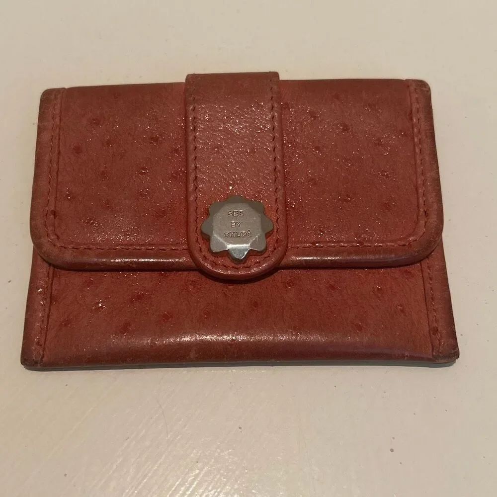 See By Chloe Pouch Style Cardholder Wallet Pink Tone Ostrich Style Leather